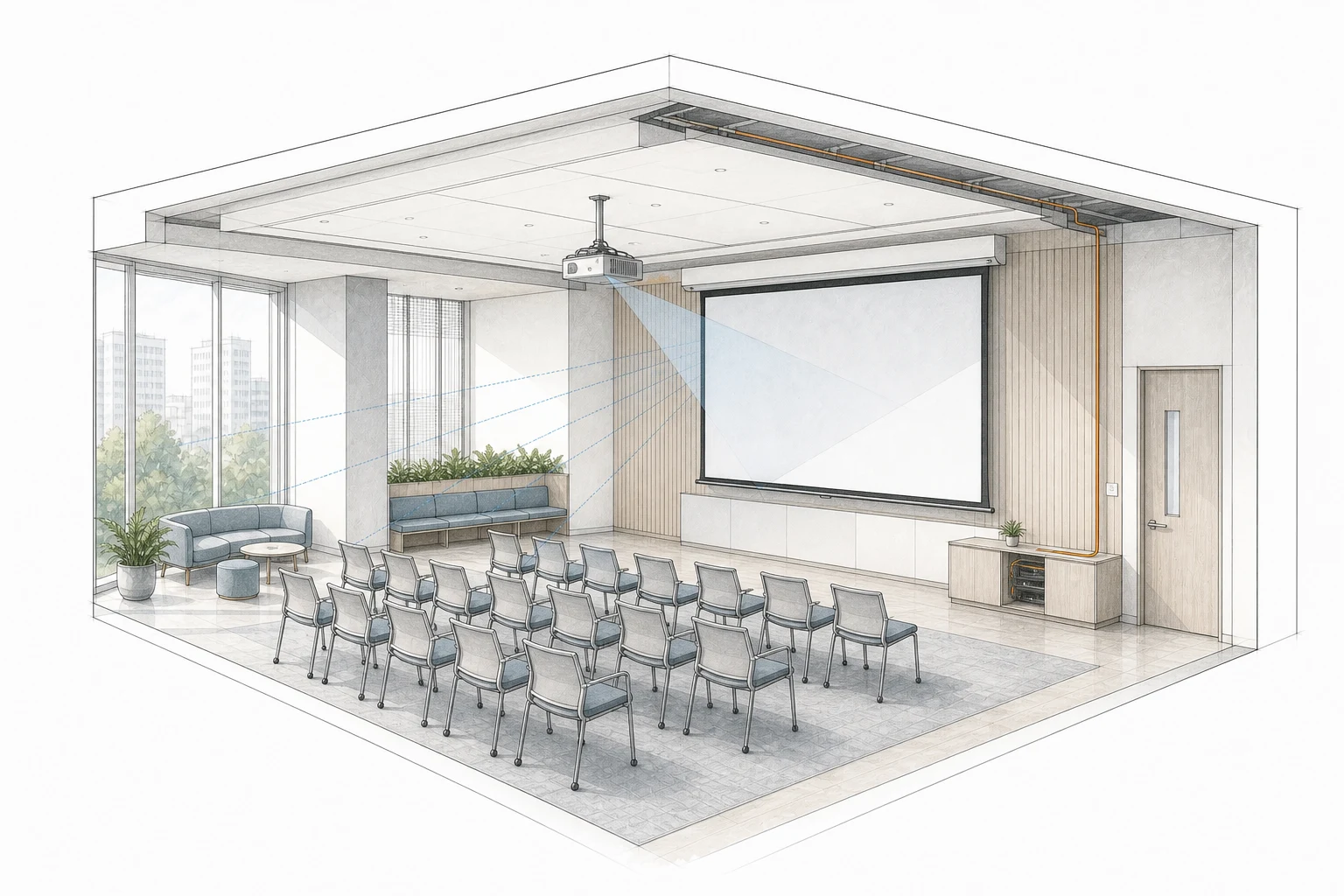 Architectural projection-room study showing a screen surface, casing envelope, seated sightlines, ambient light and the projector relationship.