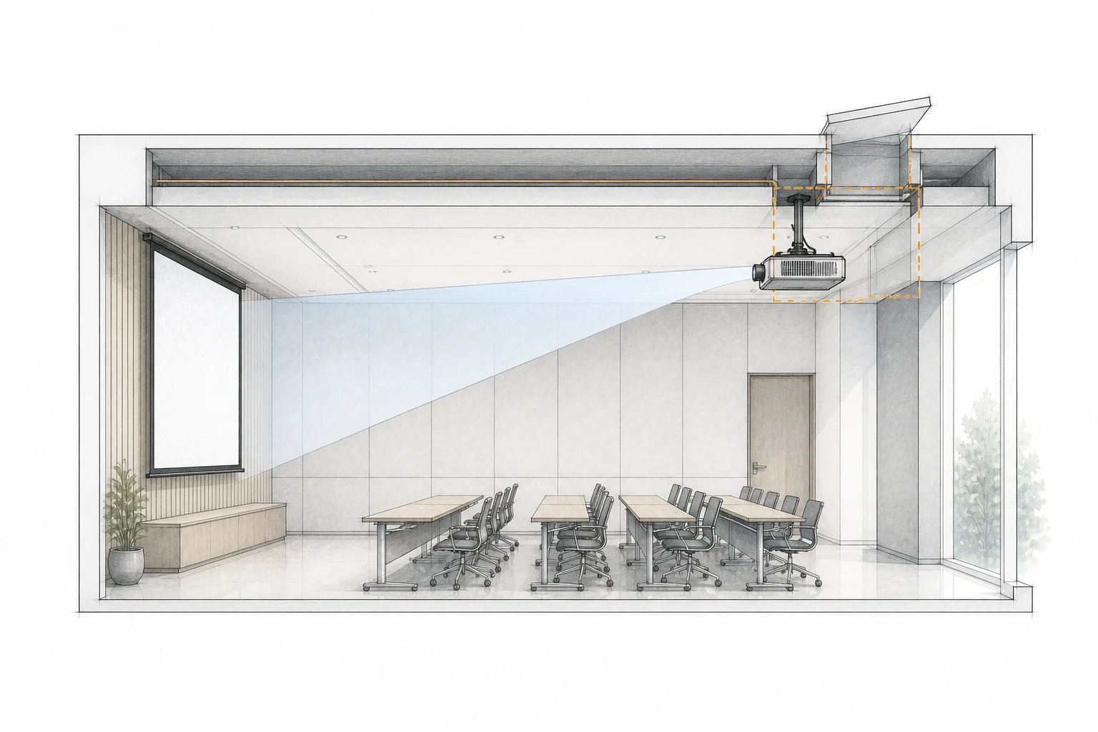 Architectural projector geometry study showing lens position, throw path, screen plane, mounting depth and service access.