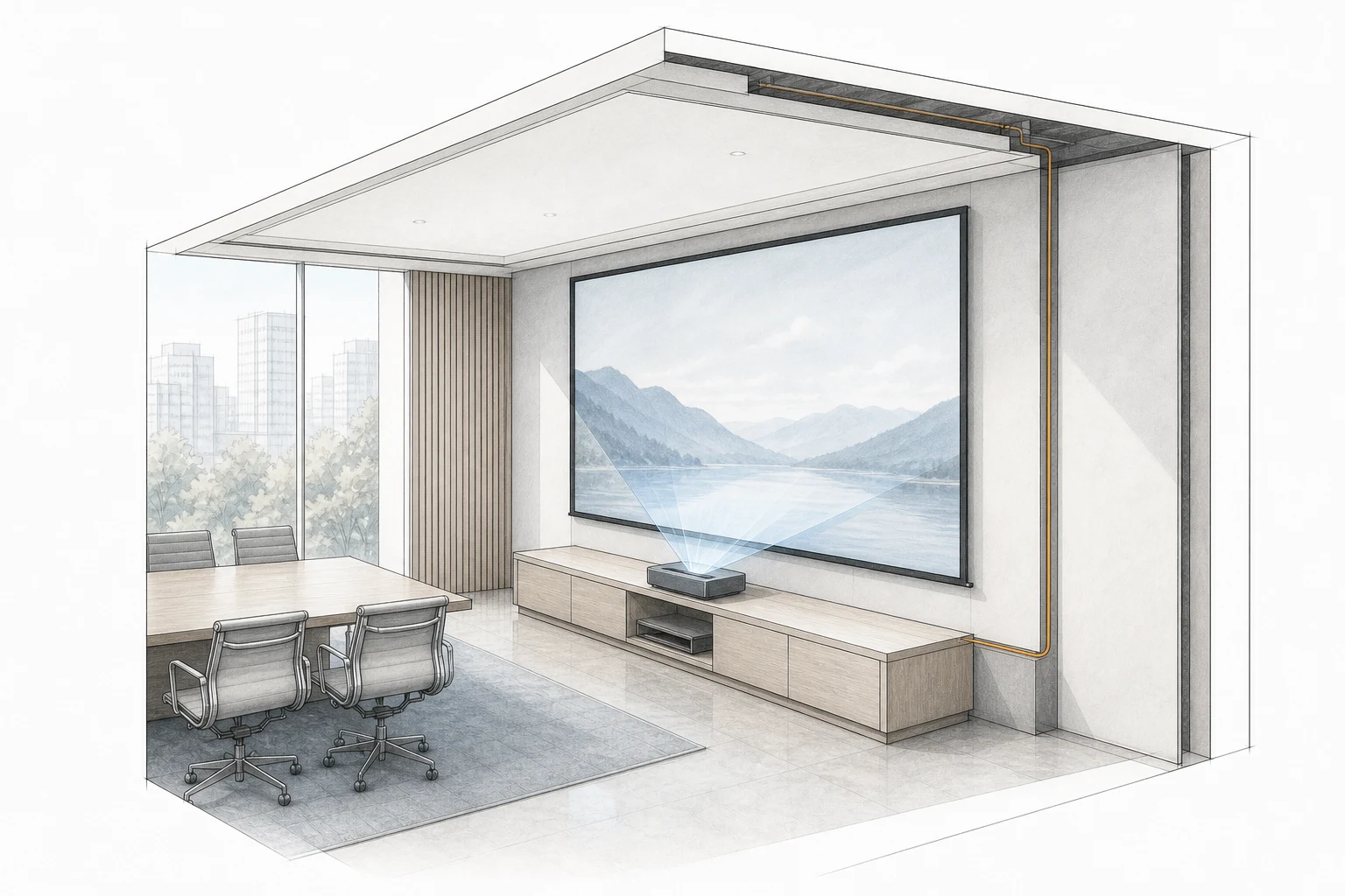 Architectural UST room study showing screen flatness, projector footprint, console geometry, image position and ambient light.
