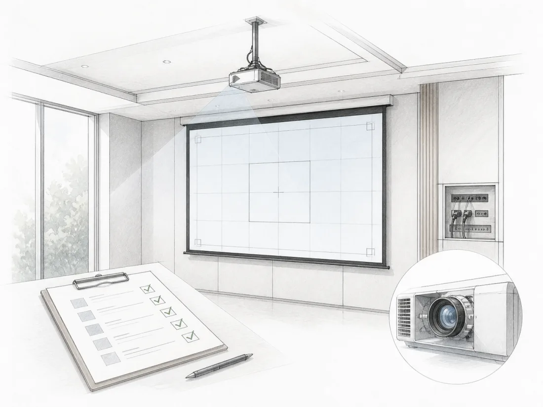 Architectural commissioning field sheet showing projector alignment, blank screen test area, connections and handover checks.