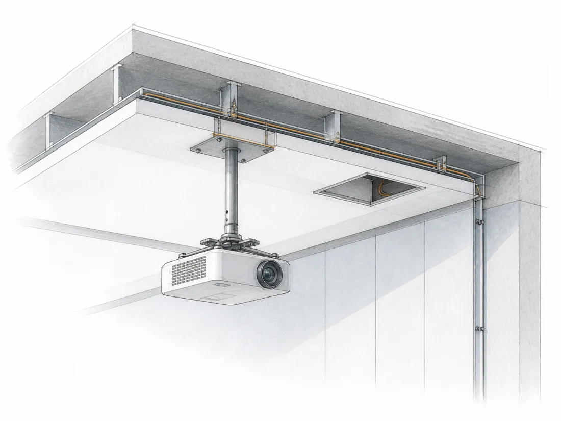 Architectural mounting field sheet showing ceiling structure, bracket, cable route and service access.
