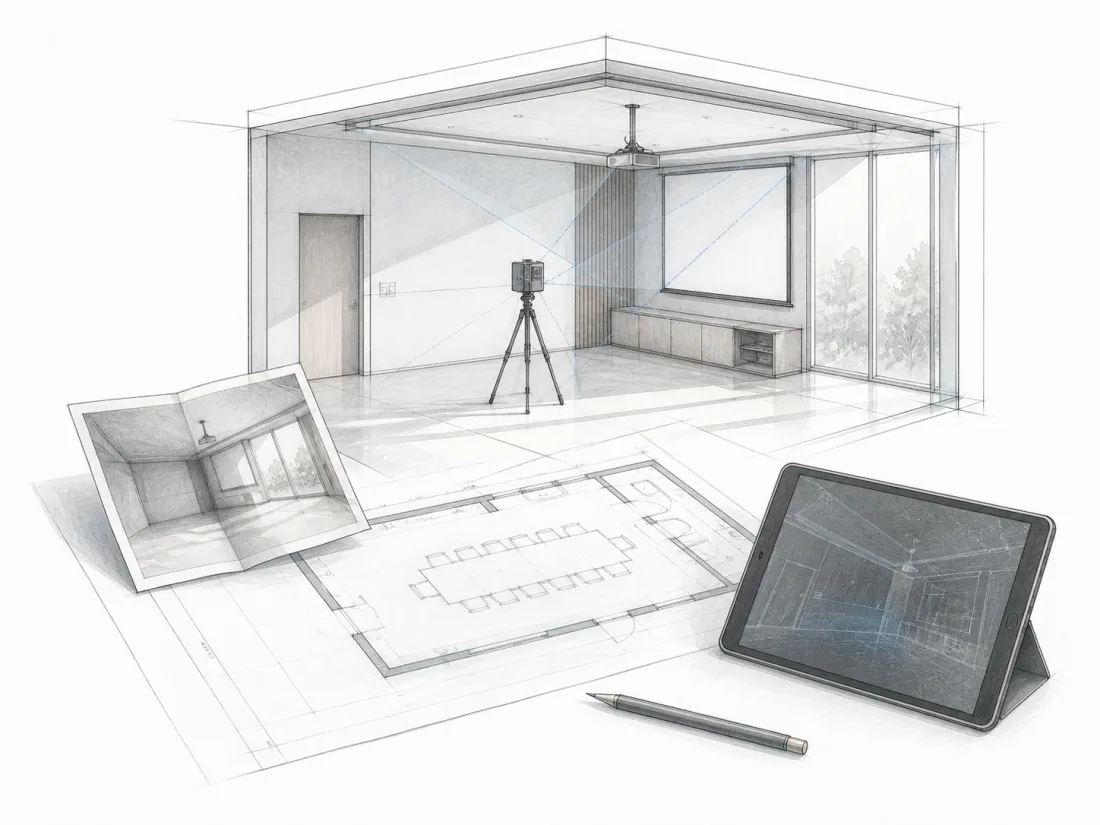 Architectural site survey field sheet showing a room plan, ambient light, mounting geometry and sightline checks.