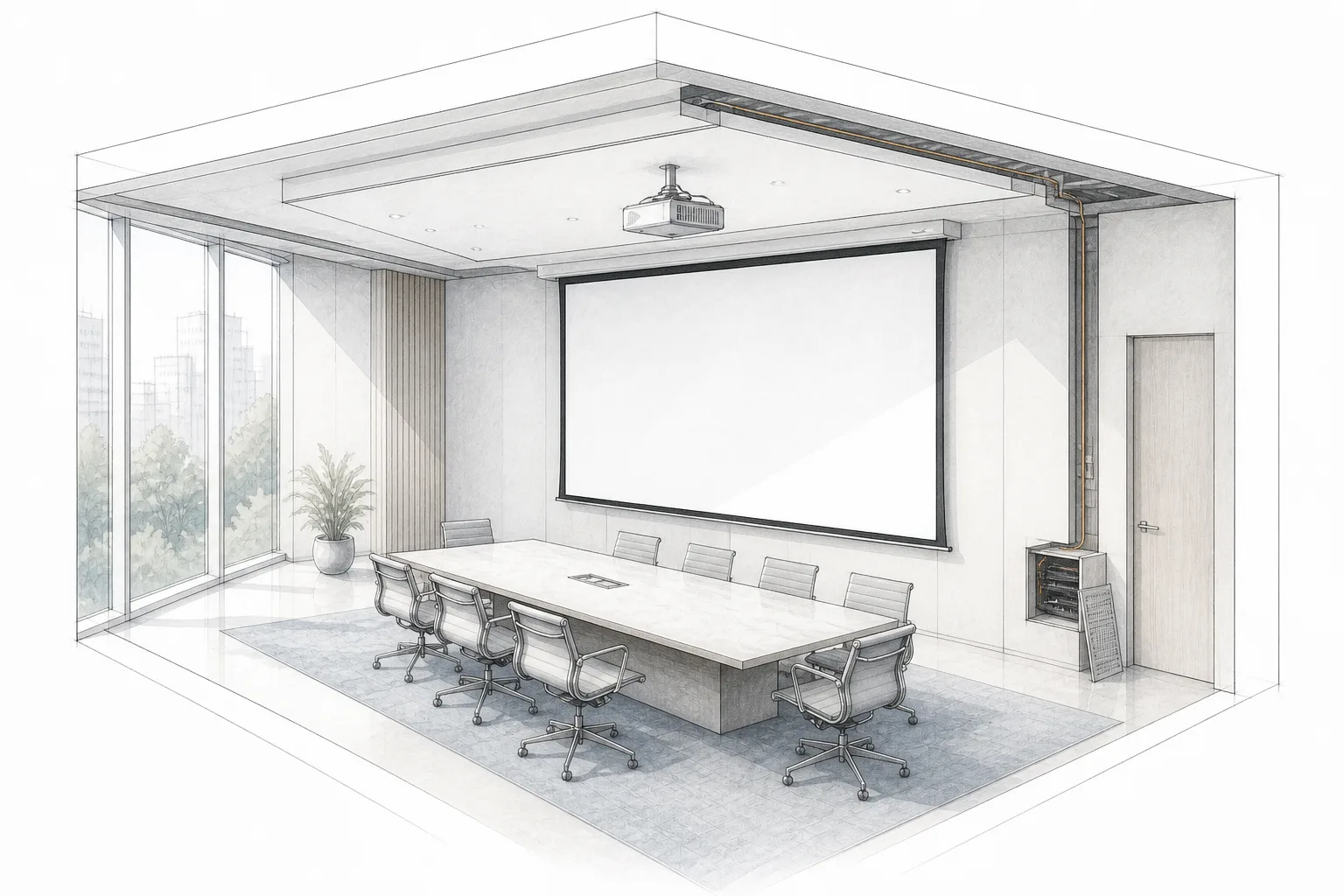 Architectural projection screen system with a blank screen surface, room sightlines, wall mounting and service access.