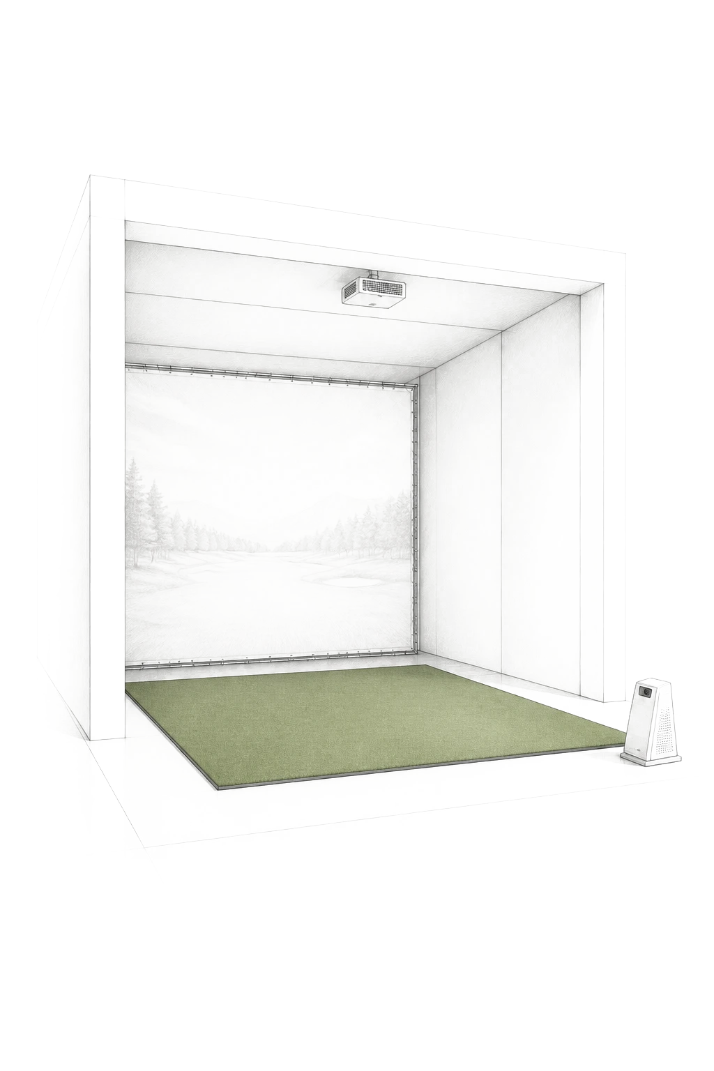 Pale architectural illustration of an indoor golf simulator bay with an impact screen, ceiling projector and launch monitor.