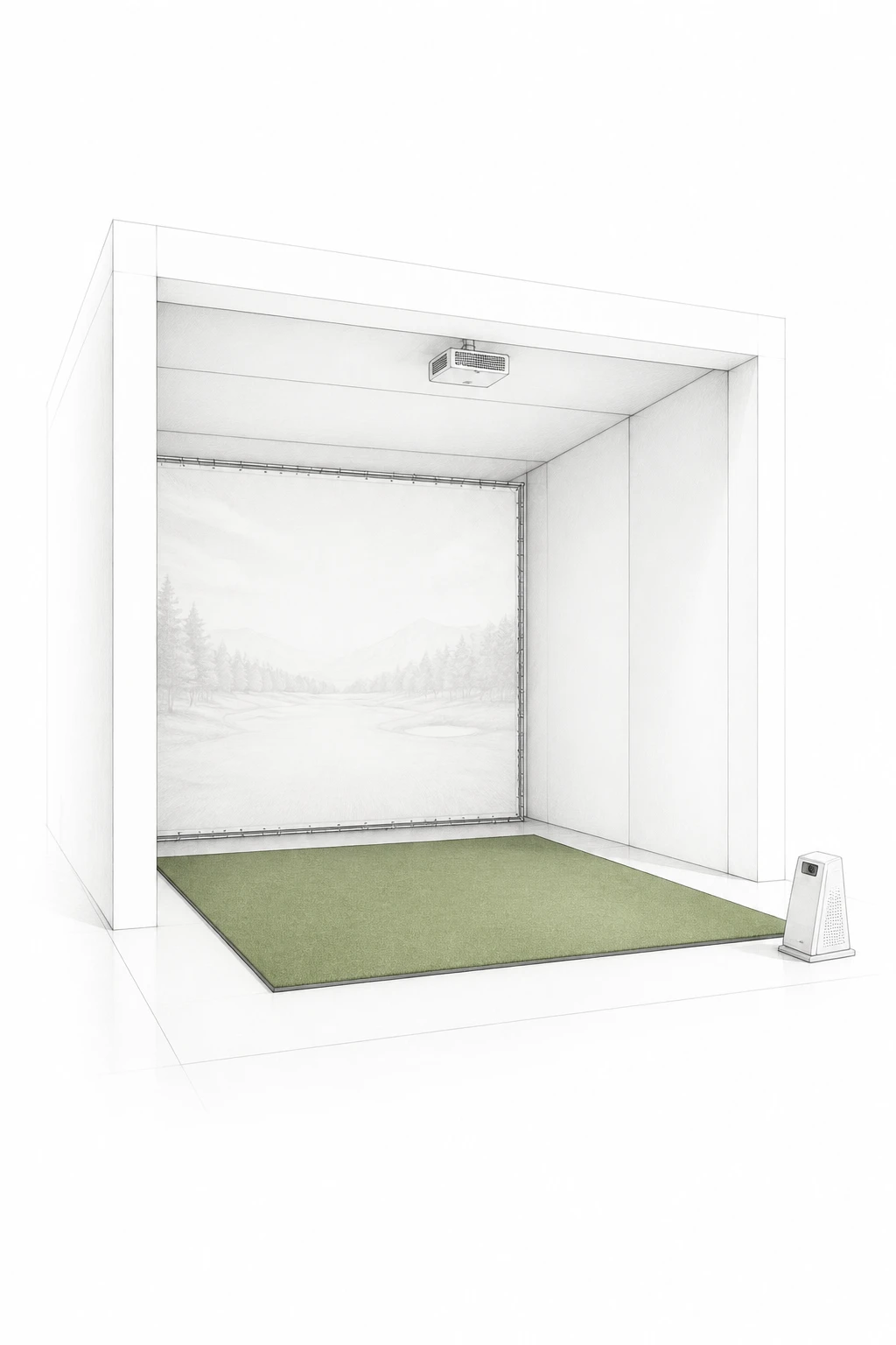 Pale architectural illustration of an indoor golf simulator bay with an impact screen, ceiling projector and launch monitor.