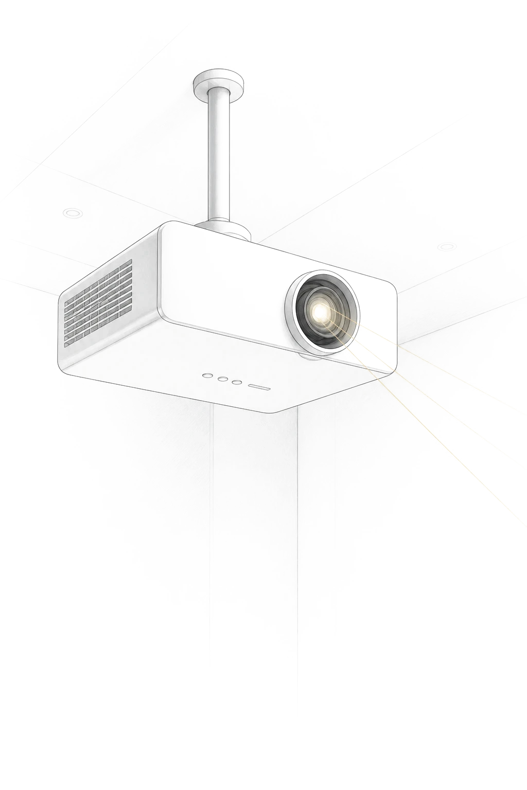 Pale architectural illustration of a ceiling-mounted laser projector.