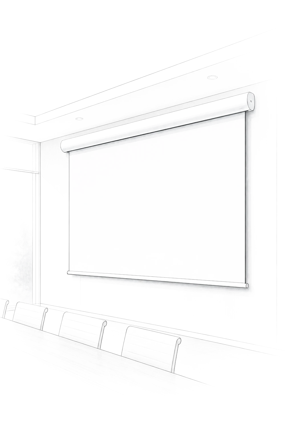 Pale architectural illustration of a roller projection screen in a boardroom.