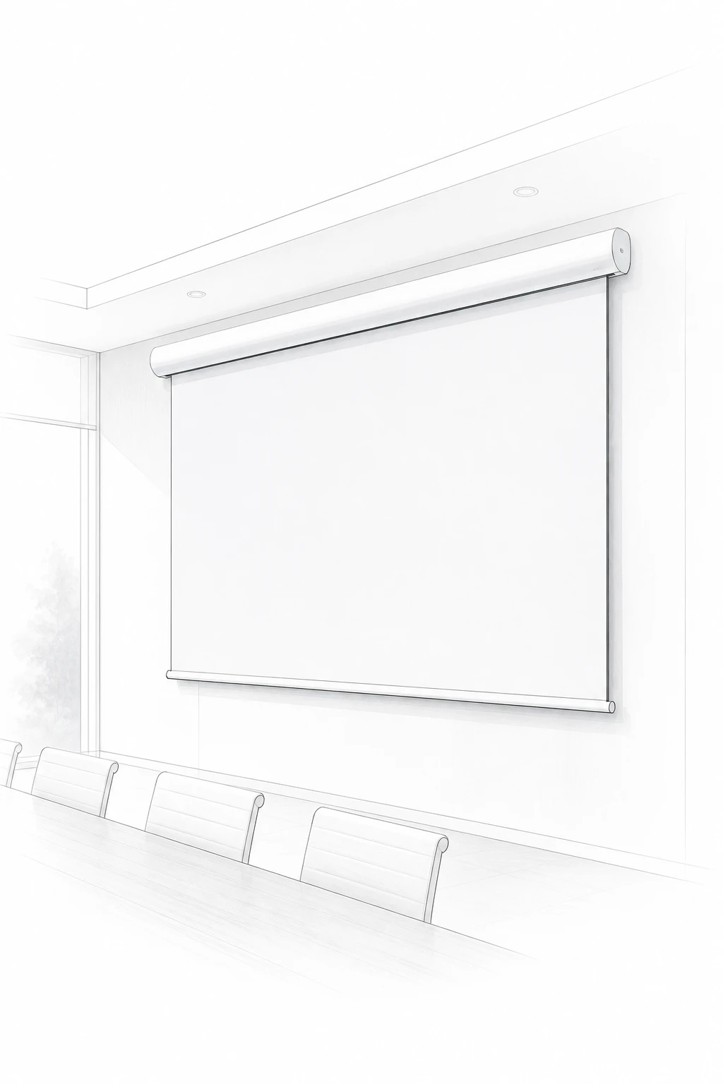 Pale architectural illustration of a roller projection screen in a boardroom.