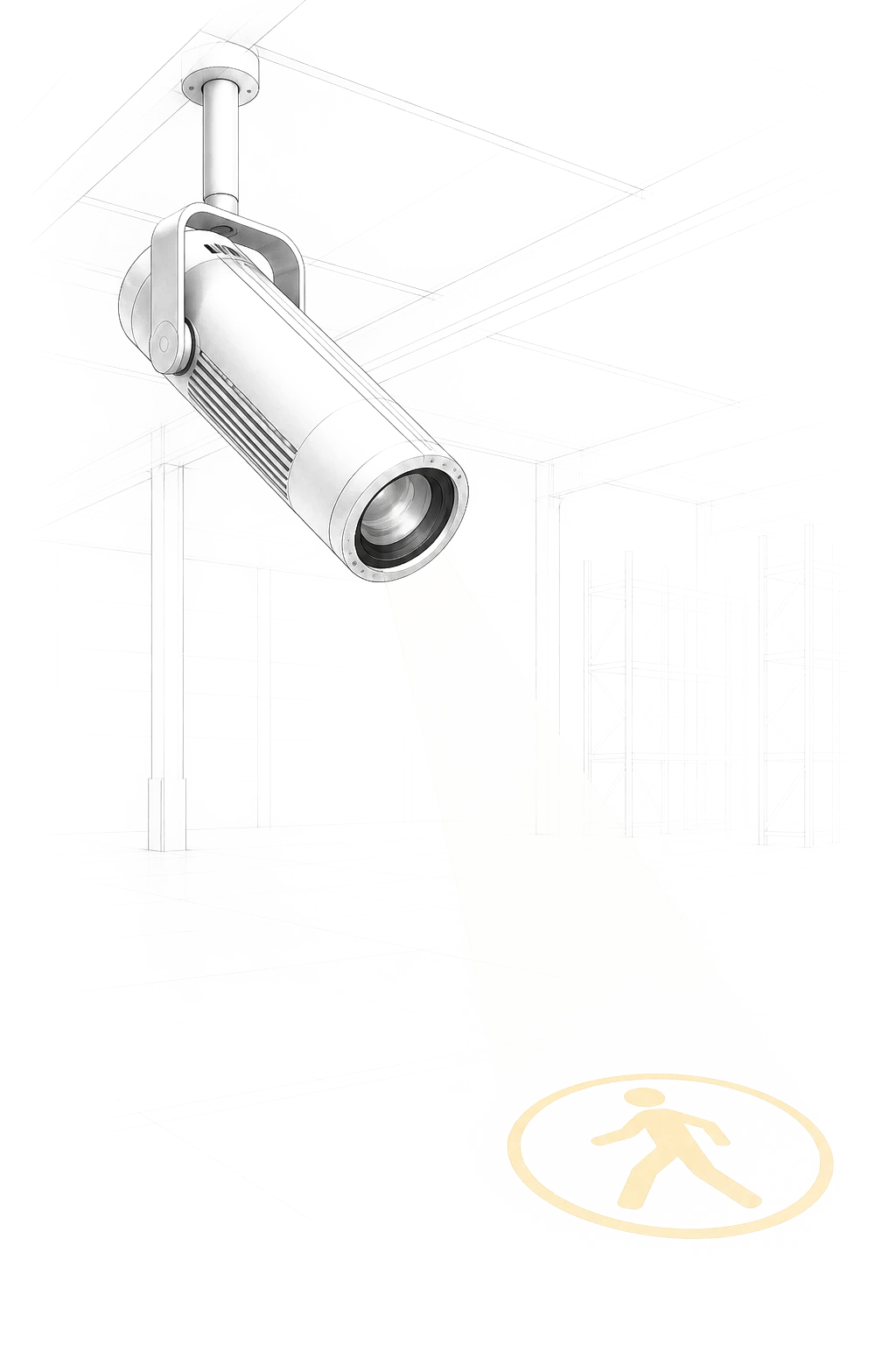 Pale architectural illustration of a ceiling-mounted gobo light projecting a pedestrian safety symbol in a warehouse.